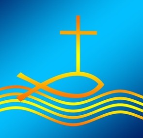 graphic of the cross, fish and water