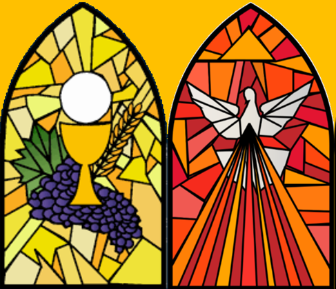 Clipart of stained glass depicting First Communion and Confirmation