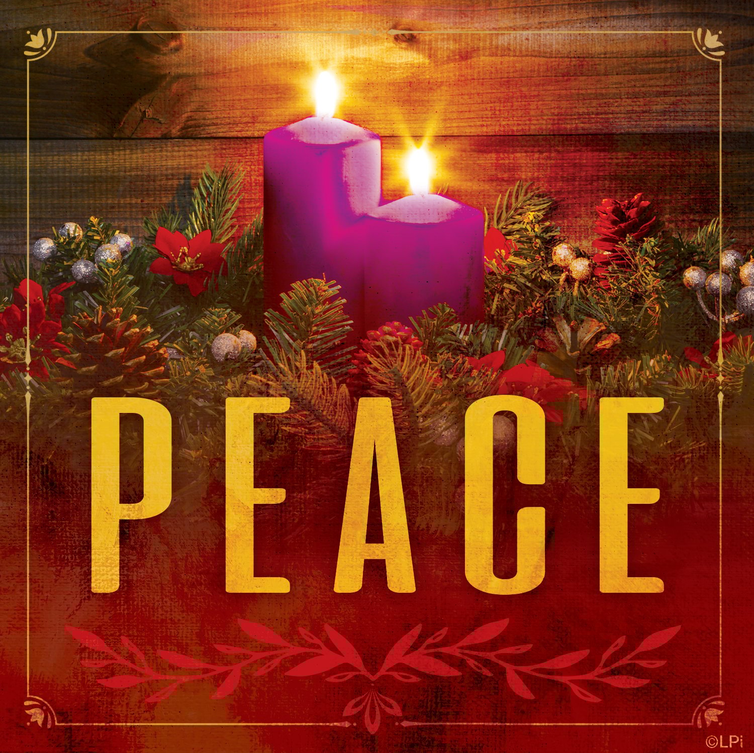 Advent wreath with two lit candles and the word Peace