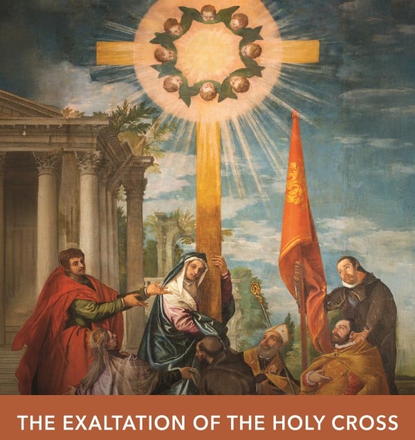 Painting depicting Our Lady with various saints and dignitaries at the foot of the cross