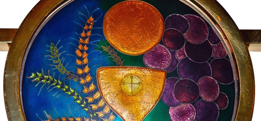 enamel rendition of wheat, grapes and c chalice