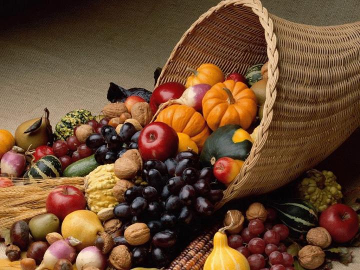 Photo of a Thanksgiving cornucopia of fruits and vegetables