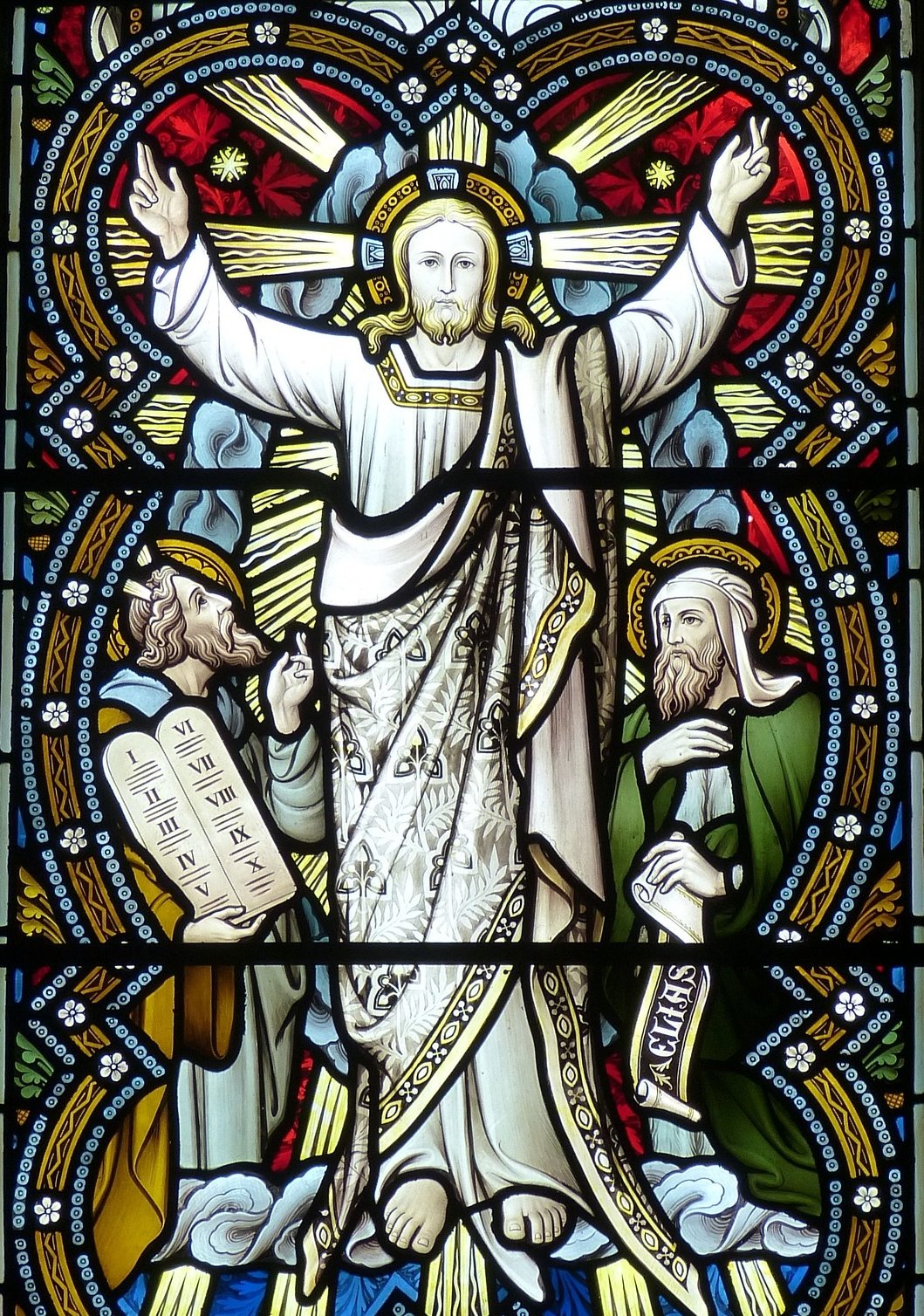 Stained glass window depicting the transfiguration of Jesus