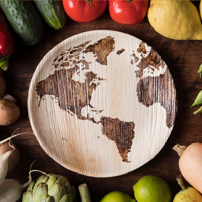 Photo of a plate depicting a world map surrounded by vegetables