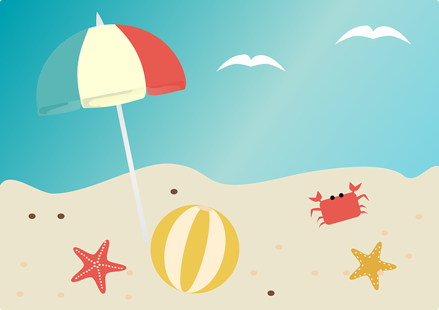 clipart depicting an umbrella, crap and starfish on a beach
