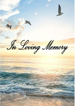 Photo of a beach at sunset with the text In Loving Memory