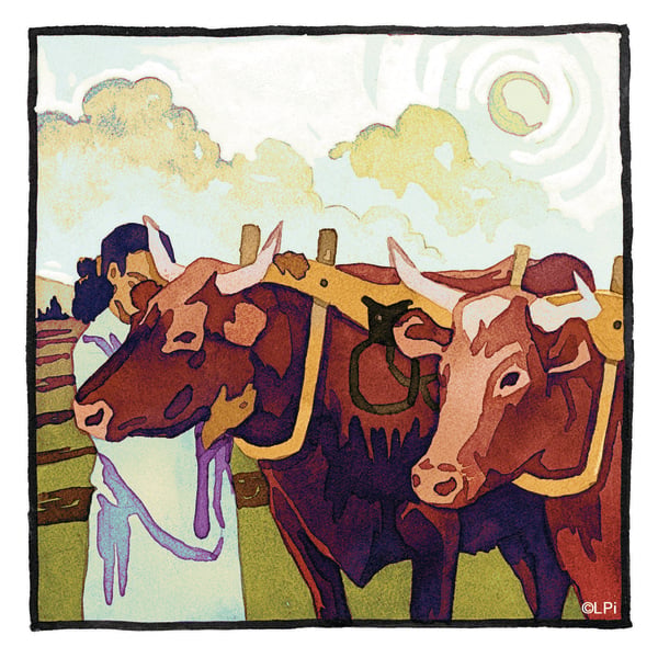Illustration of a farmer with his yoked oxen