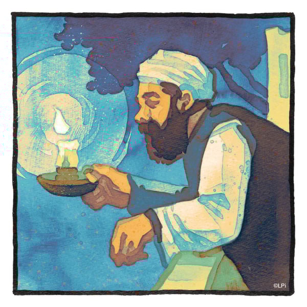 Illustration of a man holding an oil lamp