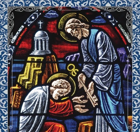 Stained glass depicting Christ giving St. Peter the keys