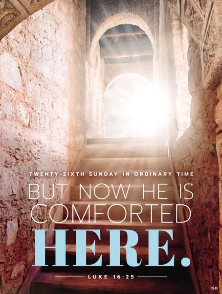Photo of a bright light shining through an open doorway at the top of the stone steps