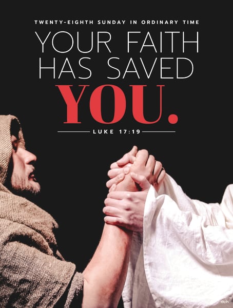 Image of a leper thanking Jesus with the text "Your faith has saved you".