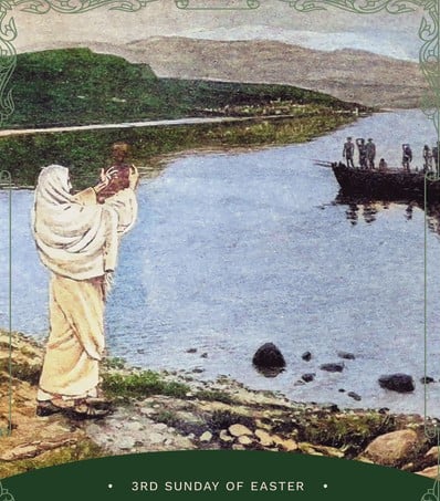 Illustration of Jesus on the shore gesturing to the apostles in the boat