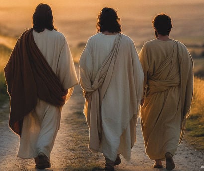 Jesus walking with 2 disciples on the road to Emmaus