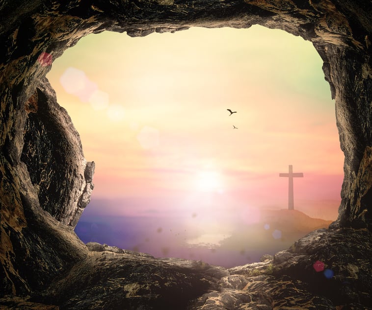 A view of the cross from inside the empty tomb