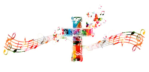 Illustration of music and a colourful cross