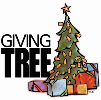 Clipart of a Christmas tree with gifts and the text "Giving Tree".