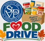 Illustration of food items with the text Food Drive
