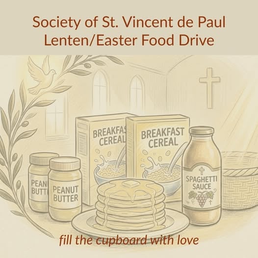 Photo of food items with the text "Fill the cupboard with love."