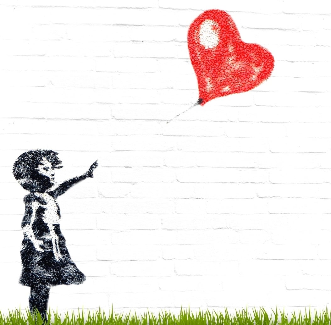 Illustration of a little girl holding a heart-shaped balloon