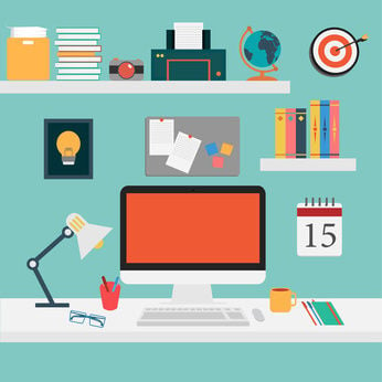 Clipart depicting an office desk and shelves