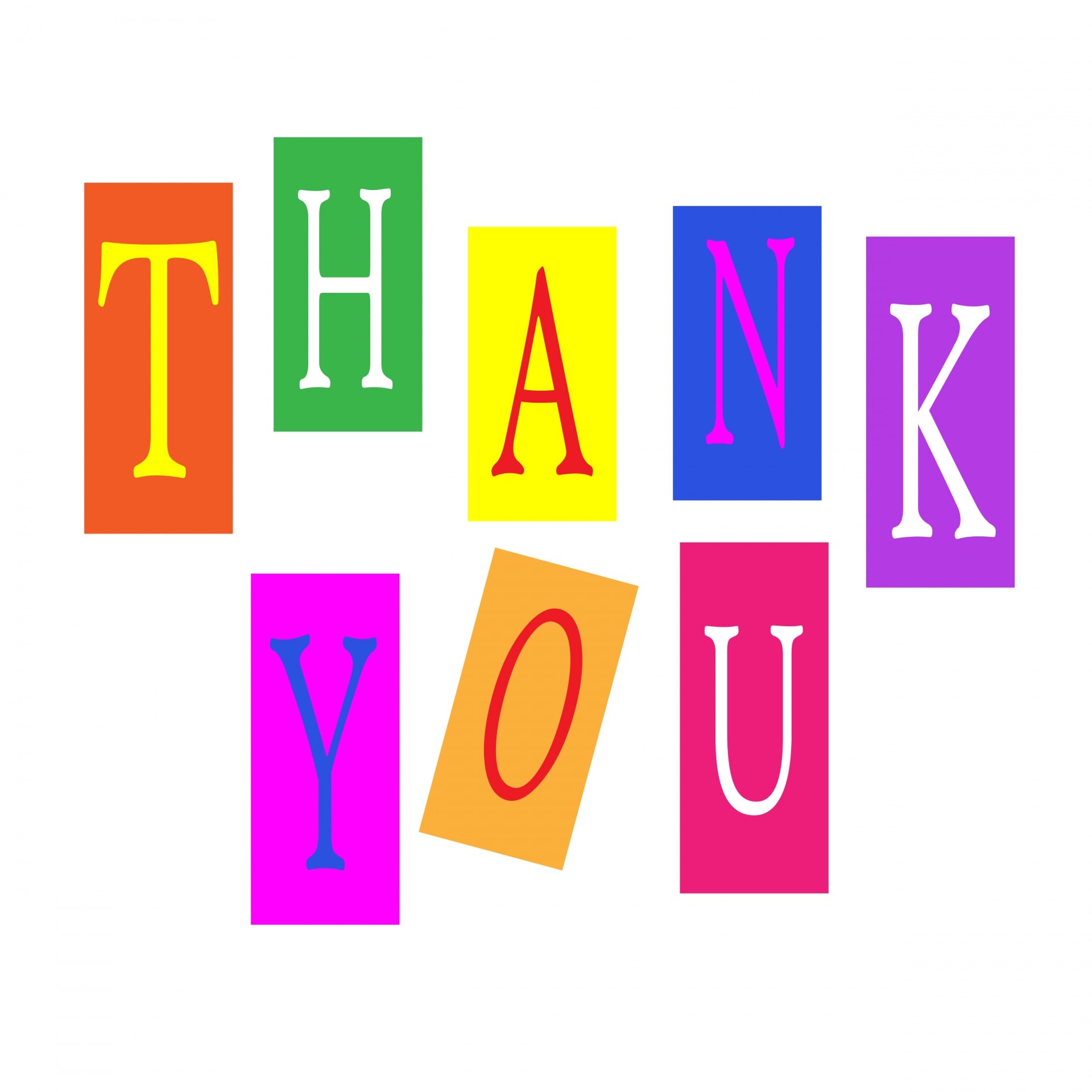 The words Thank You in colourful block letters