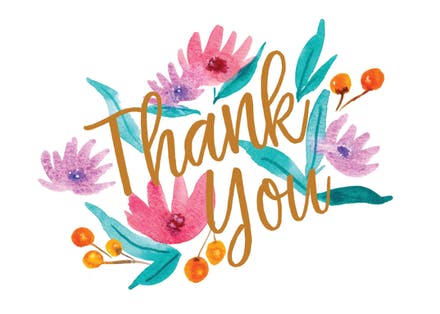 The words "Thank You" written over simple watercolour flowers