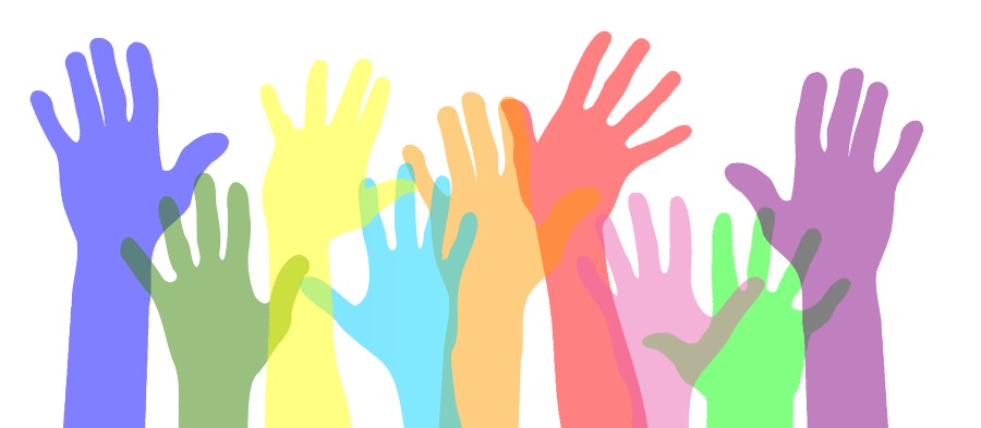Graphic of raised hands in many colours