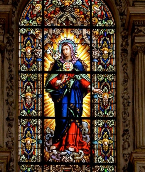 Stained glass window of Our Lady