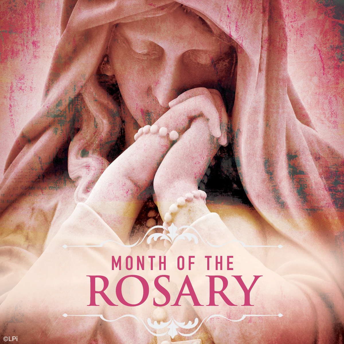 Statue of Our Lady with the text "Month of the Rosary"