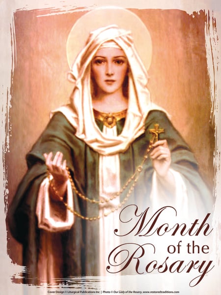 Illustration of Our Lady holding a rosary with the text