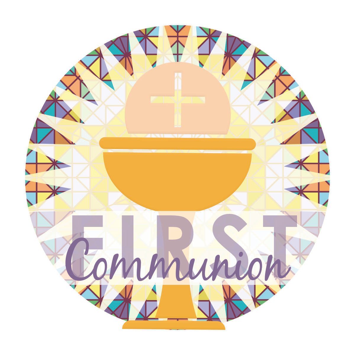 Graphic of a chalice and host with the words First Communion