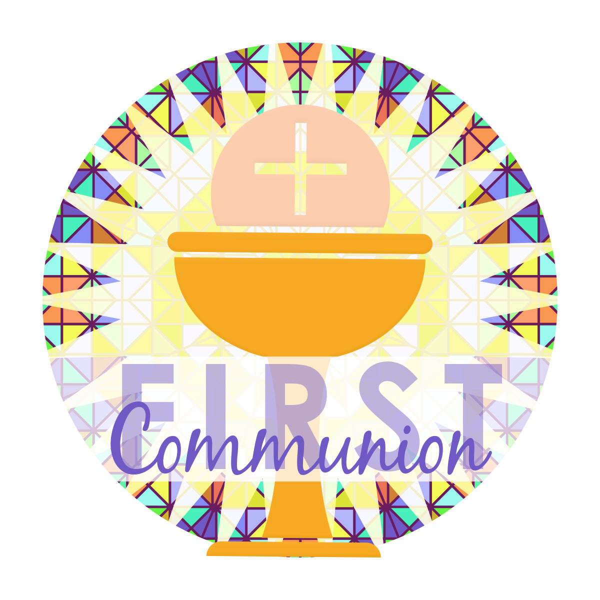 Graphic of a chalice and host with the words First Communion